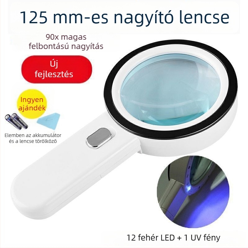 Kézi nagyító LED-es világítással, 90x nagyítás, címkék és ékszerek olvasására, okostelefonos térképek megtekintéséhez.