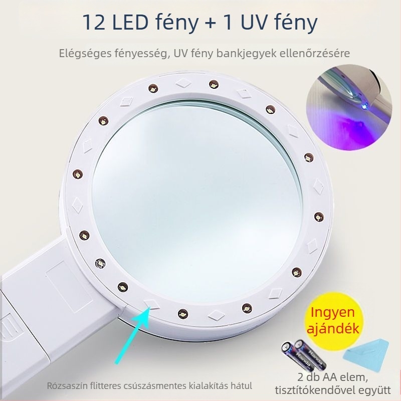 Kézi nagyító LED-es világítással, 90x nagyítás, címkék és ékszerek olvasására, okostelefonos térképek megtekintéséhez.