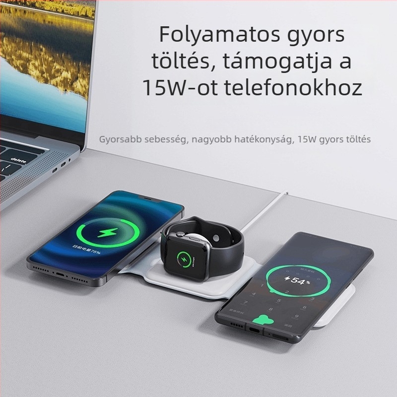 3-in-1 összecsukható mágneses vezeték nélküli töltő Apple iPhone, AirPods és Apple Watch számára – QC 3.0 gyorstöltés, kimenet 15W, összteljesítmény 22,5W