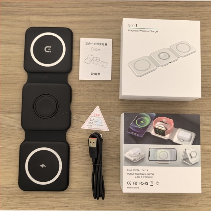 3-in-1 összecsukható mágneses vezeték nélküli töltő Apple iPhone, AirPods és Apple Watch számára – QC 3.0 gyorstöltés, kimenet 15W, összteljesítmény 22,5W