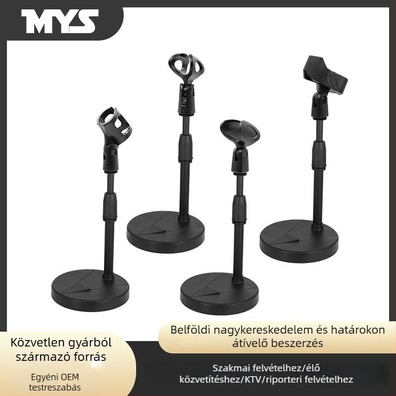 Mys asztali mikrofon- és telefon-tartó, nagy kör asztali tálcával, állítható magasság, rezgéscsillapító, súlyozott alap, univerzális modell