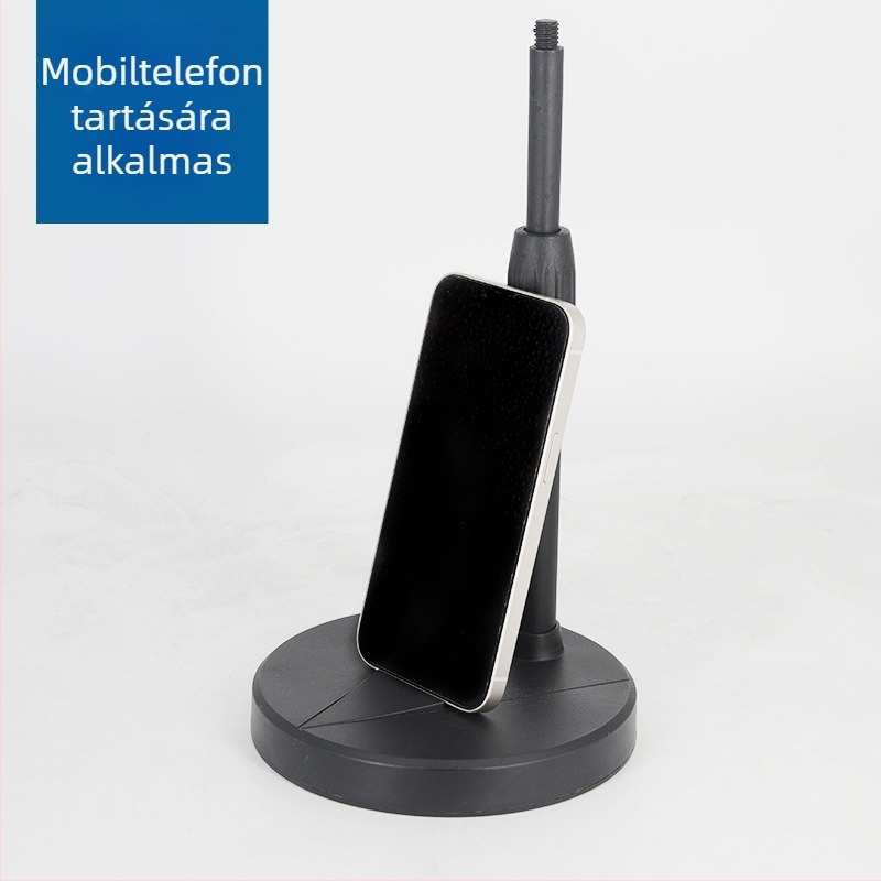Mys asztali mikrofon- és telefon-tartó, nagy kör asztali tálcával, állítható magasság, rezgéscsillapító, súlyozott alap, univerzális modell