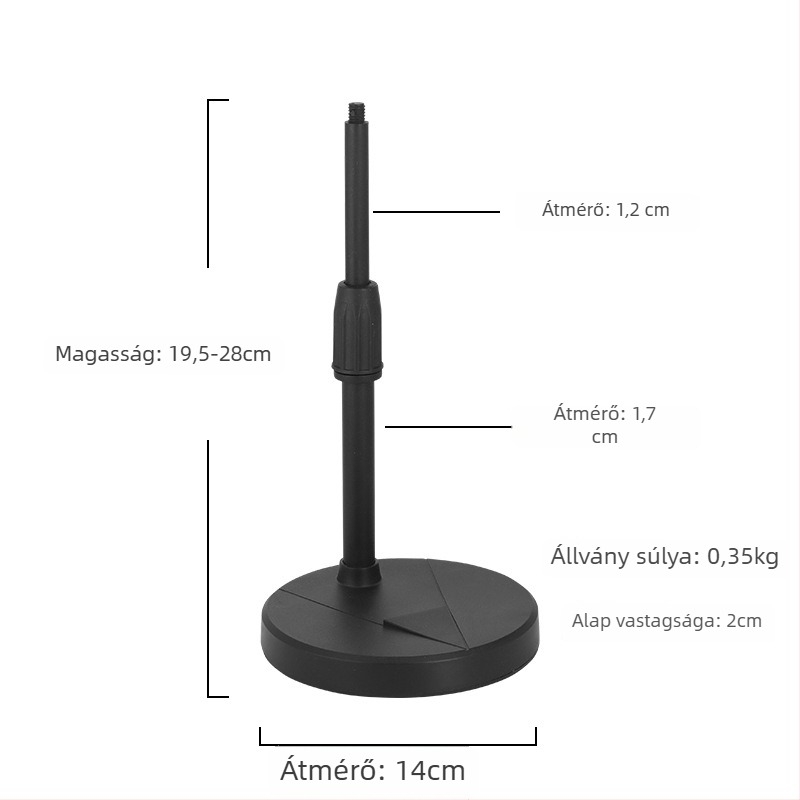 Mys asztali mikrofon- és telefon-tartó, nagy kör asztali tálcával, állítható magasság, rezgéscsillapító, súlyozott alap, univerzális modell