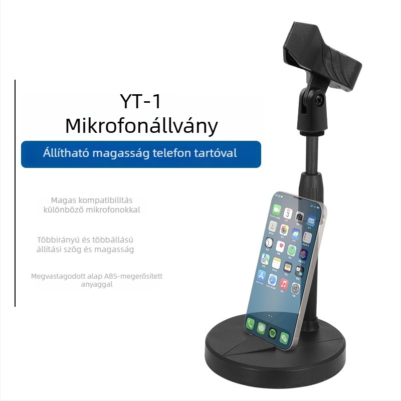 Mys asztali mikrofon- és telefon-tartó, nagy kör asztali tálcával, állítható magasság, rezgéscsillapító, súlyozott alap, univerzális modell