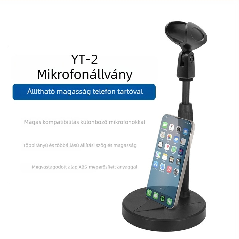 Mys asztali mikrofon- és telefon-tartó, nagy kör asztali tálcával, állítható magasság, rezgéscsillapító, súlyozott alap, univerzális modell