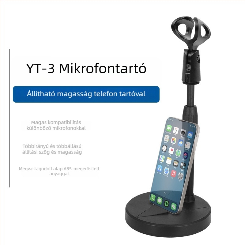 Mys asztali mikrofon- és telefon-tartó, nagy kör asztali tálcával, állítható magasság, rezgéscsillapító, súlyozott alap, univerzális modell