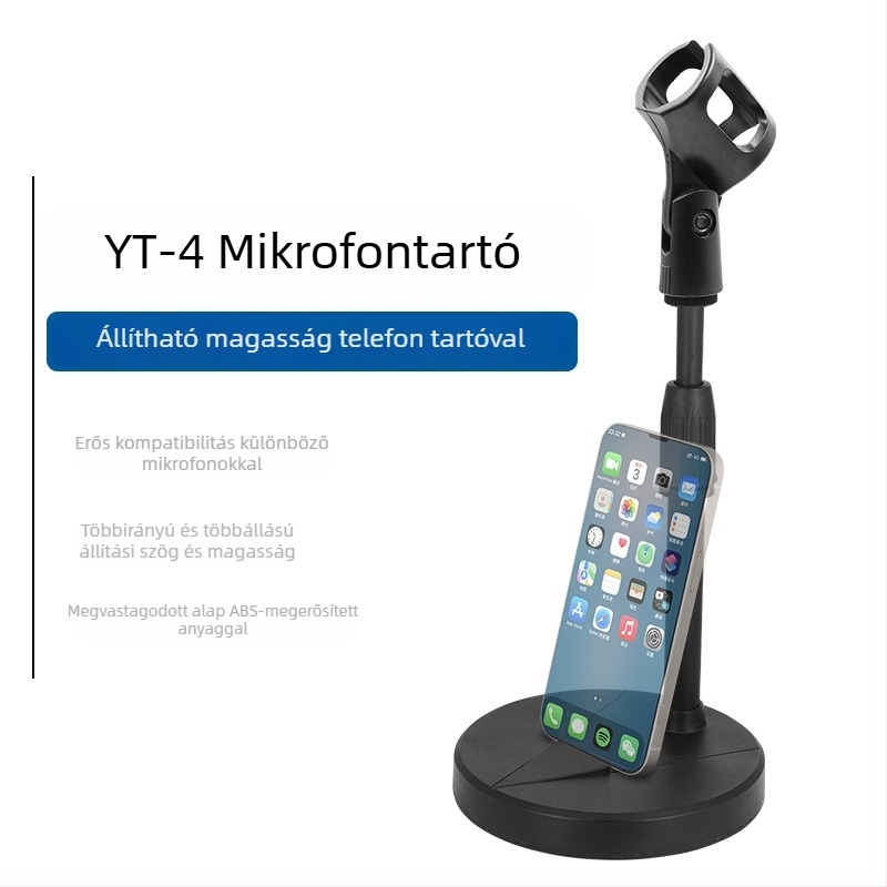Mys asztali mikrofon- és telefon-tartó, nagy kör asztali tálcával, állítható magasság, rezgéscsillapító, súlyozott alap, univerzális modell