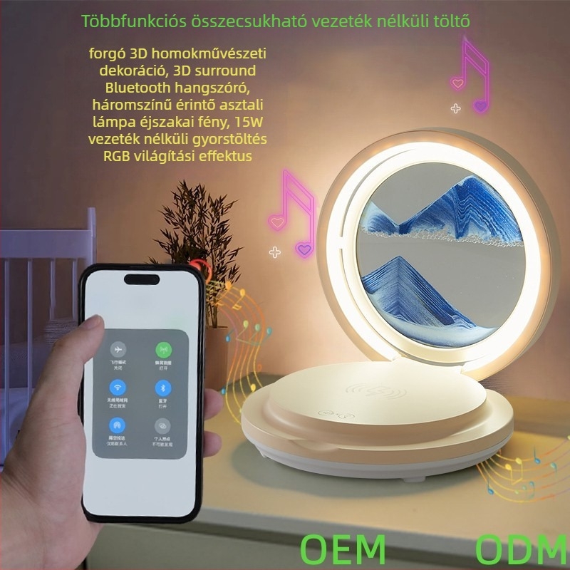 Irodaasztali lámpa vezeték nélküli töltéssel, homokóra dísz, összecsukható Bluetooth hangszóró, RGB világítás, 15W max, 3A kimenet