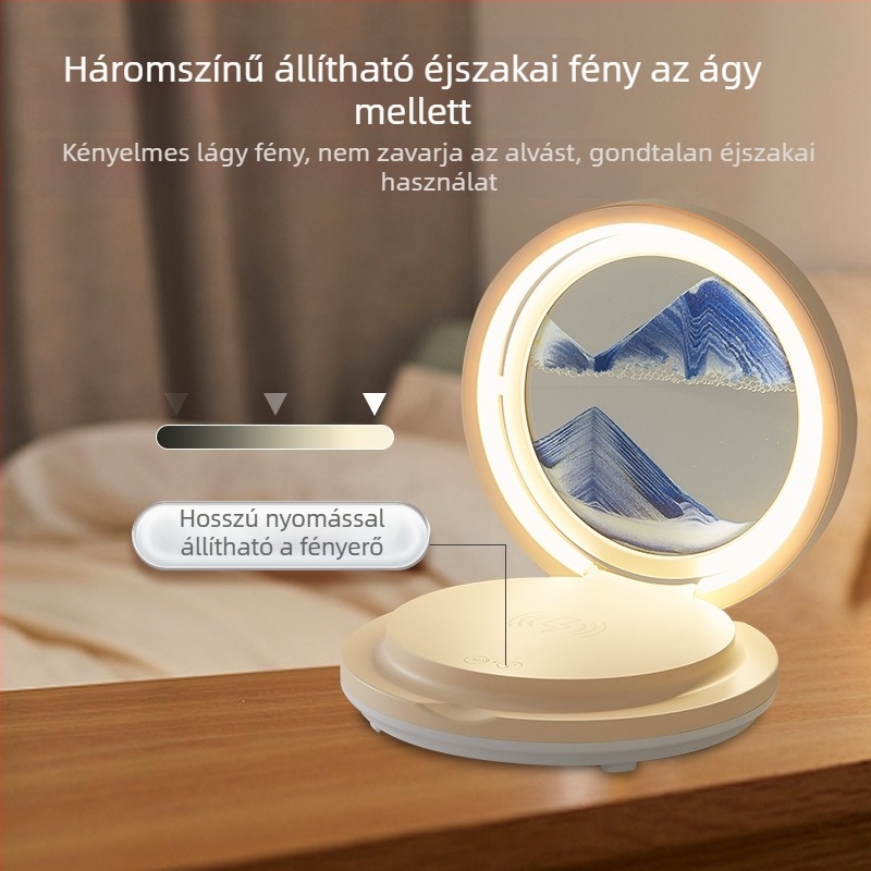 Irodaasztali lámpa vezeték nélküli töltéssel, homokóra dísz, összecsukható Bluetooth hangszóró, RGB világítás, 15W max, 3A kimenet