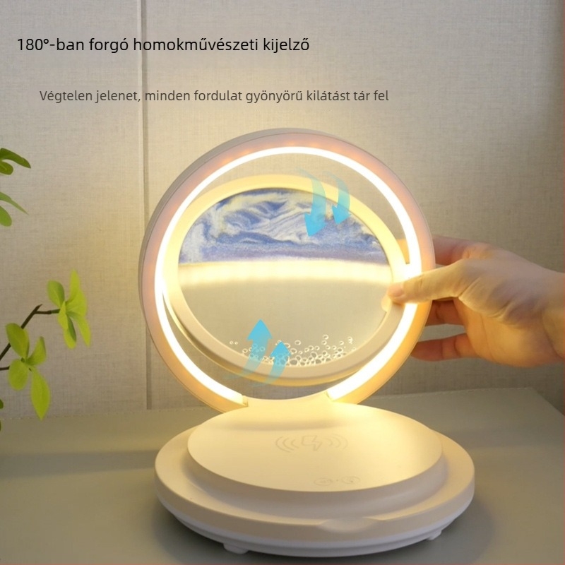 Irodaasztali lámpa vezeték nélküli töltéssel, homokóra dísz, összecsukható Bluetooth hangszóró, RGB világítás, 15W max, 3A kimenet