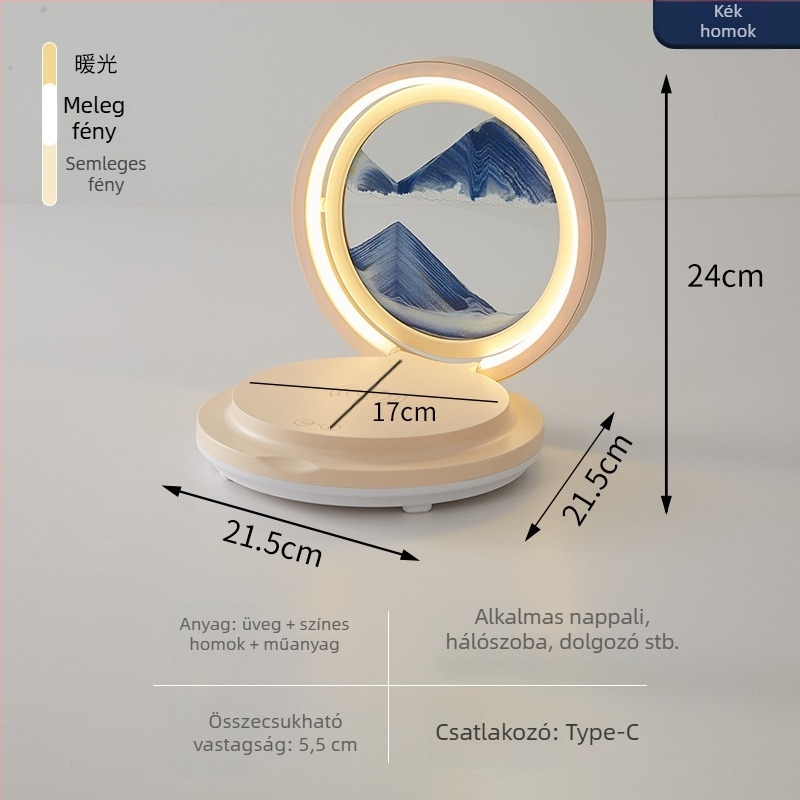 Irodaasztali lámpa vezeték nélküli töltéssel, homokóra dísz, összecsukható Bluetooth hangszóró, RGB világítás, 15W max, 3A kimenet
