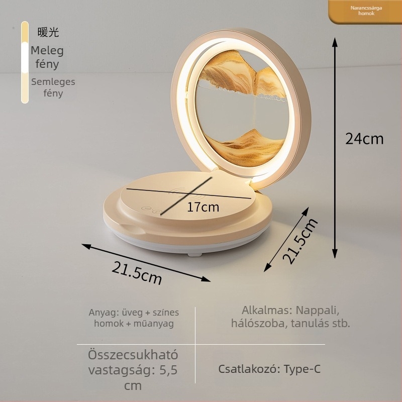 Irodaasztali lámpa vezeték nélküli töltéssel, homokóra dísz, összecsukható Bluetooth hangszóró, RGB világítás, 15W max, 3A kimenet