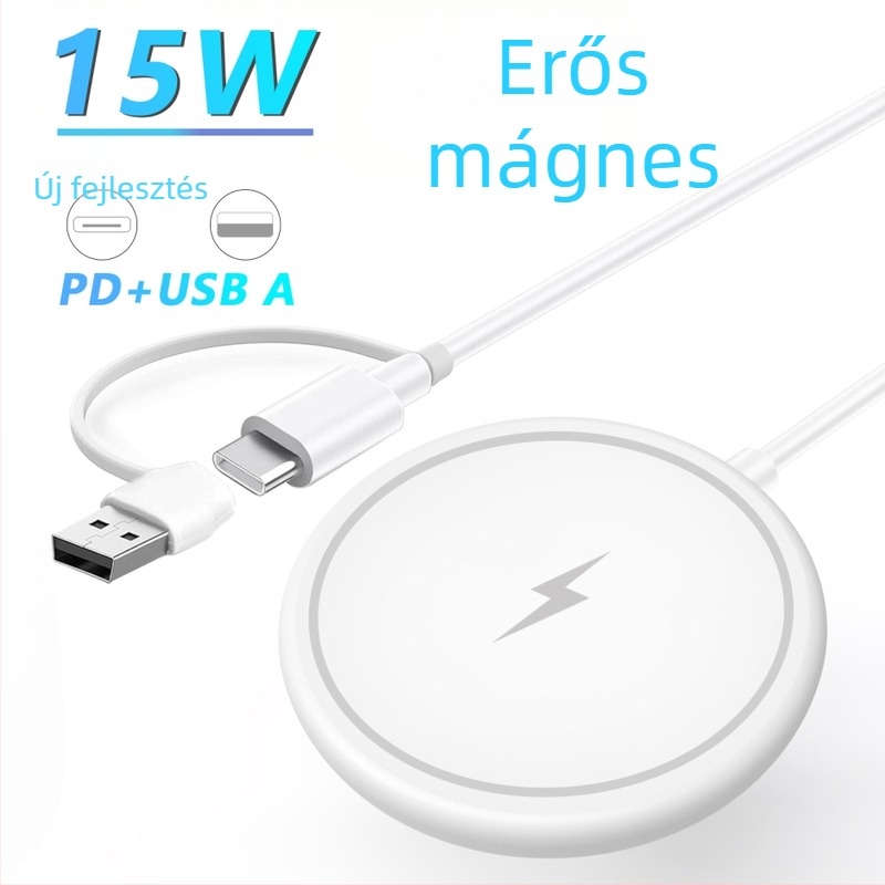 Mágneses vezeték nélküli töltőkábel mobiltelefonokhoz, PD/USB interfész, QC3.0 gyors töltés, 15W