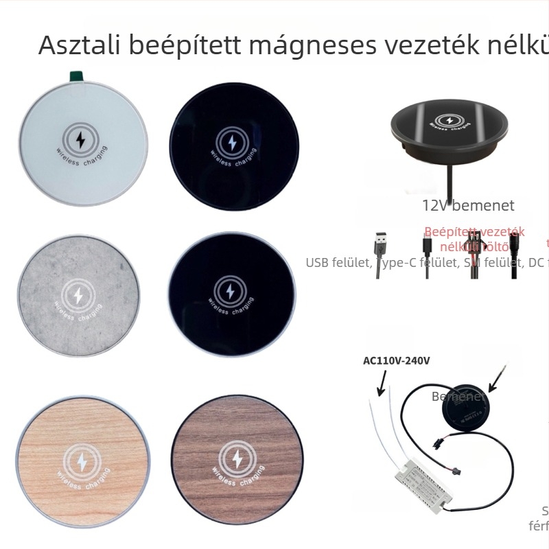 Asztalba épített mágneses vezeték nélküli töltő, fa mintázatú megjelenés, QC3.0, 15W, 2A