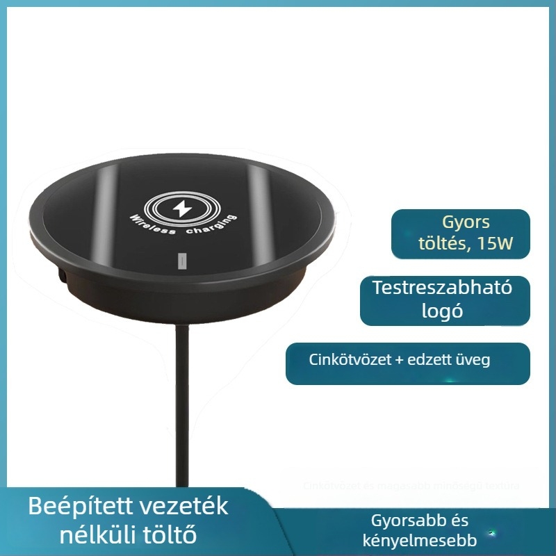 Asztalba épített mágneses vezeték nélküli töltő, fa mintázatú megjelenés, QC3.0, 15W, 2A
