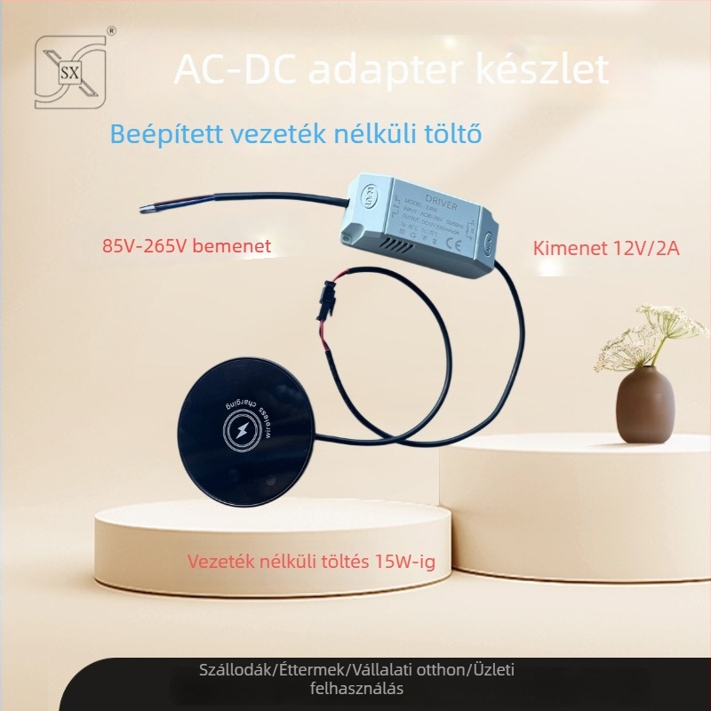 Asztalba épített mágneses vezeték nélküli töltő, fa mintázatú megjelenés, QC3.0, 15W, 2A