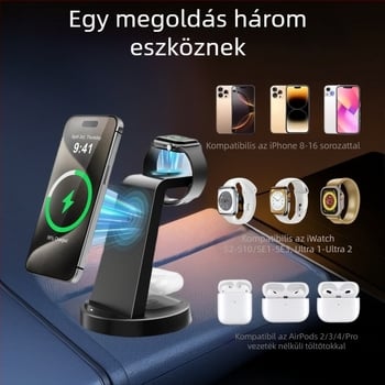 3-az-1-ben Vezeték Nélküli Töltőállomás Apple, Huawei, Xiaomi és Androidos telefonokhoz, okosórákhoz és fülhallgatókhoz | Maximum 15W kimenet, Teljesítmény 20.5W, QC3.0, Asztali töltő, CE/FCC/ROHS/UKCA