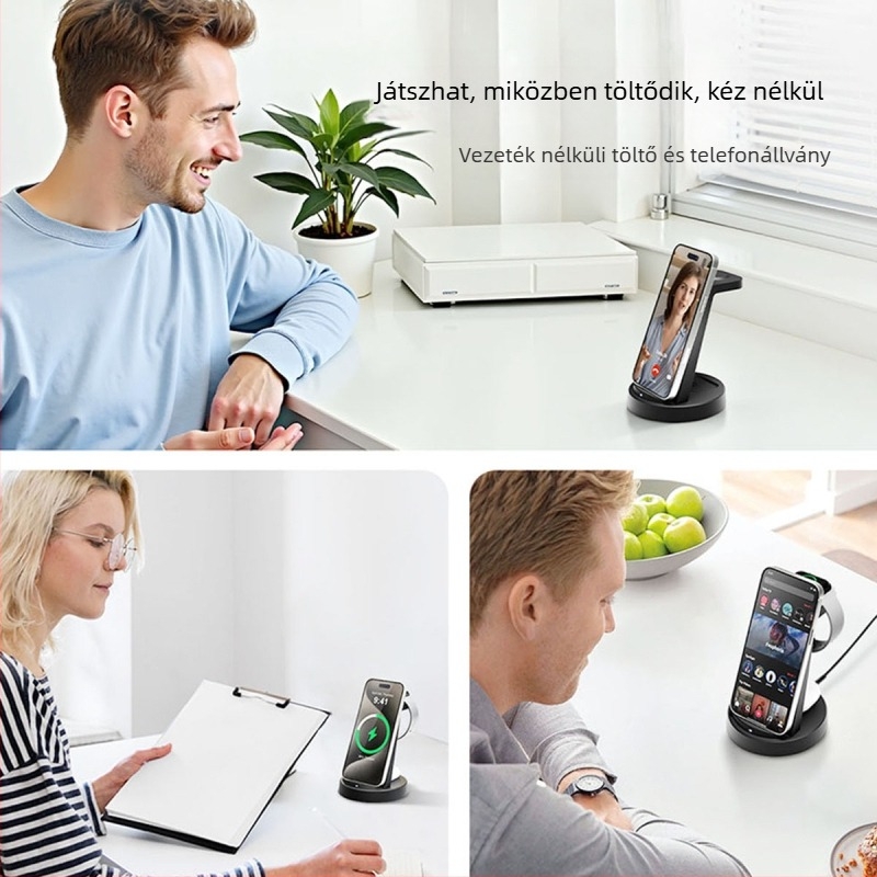 3-az-1-ben Vezeték Nélküli Töltőállomás Apple, Huawei, Xiaomi és Androidos telefonokhoz, okosórákhoz és fülhallgatókhoz | Maximum 15W kimenet, Teljesítmény 20.5W, QC3.0, Asztali töltő, CE/FCC/ROHS/UKCA