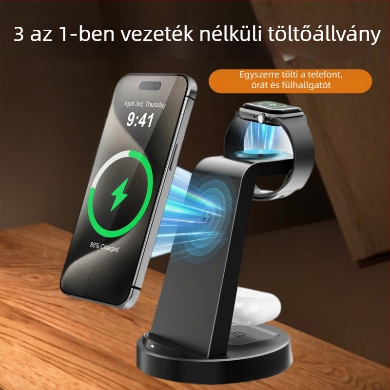 3-az-1-ben Vezeték Nélküli Töltőállomás Apple, Huawei, Xiaomi és Androidos telefonokhoz, okosórákhoz és fülhallgatókhoz | Maximum 15W kimenet, Teljesítmény 20.5W, QC3.0, Asztali töltő, CE/FCC/ROHS/UKCA