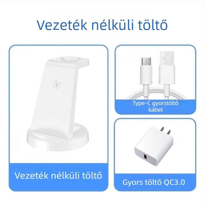 3-az-1-ben Vezeték Nélküli Töltőállomás Apple, Huawei, Xiaomi és Androidos telefonokhoz, okosórákhoz és fülhallgatókhoz | Maximum 15W kimenet, Teljesítmény 20.5W, QC3.0, Asztali töltő, CE/FCC/ROHS/UKCA