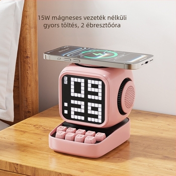 Robot intelligens hangszóró vezeték nélküli töltővel, Bluetooth hangsáv, mágneses töltés, ébresztőóra és digitális kijelző; Qi 3.0 vezeték nélküli töltés, 15W kimenet, 30W teljesítmény