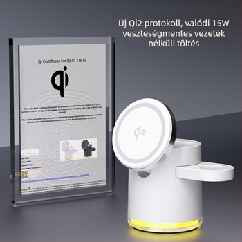 Qi2 mágneses 3‑az‑1-ben összecsukható vezeték nélküli töltő Apple iPhone 15-höz — Teljesítmény 23W; 15W telefonhoz, 5W fülhallgatóhoz, 3W órához