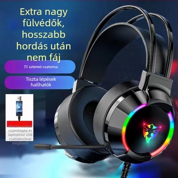 7.1–csatornás USB gaming fejhallgató Type-C kábellel, fejre helyezhető, retro stílusú, mikrofon nélkül