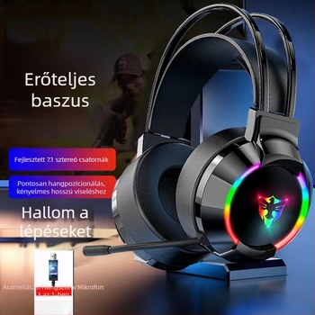 7.1–csatornás USB gaming fejhallgató Type-C kábellel, fejre helyezhető, retro stílusú, mikrofon nélkül