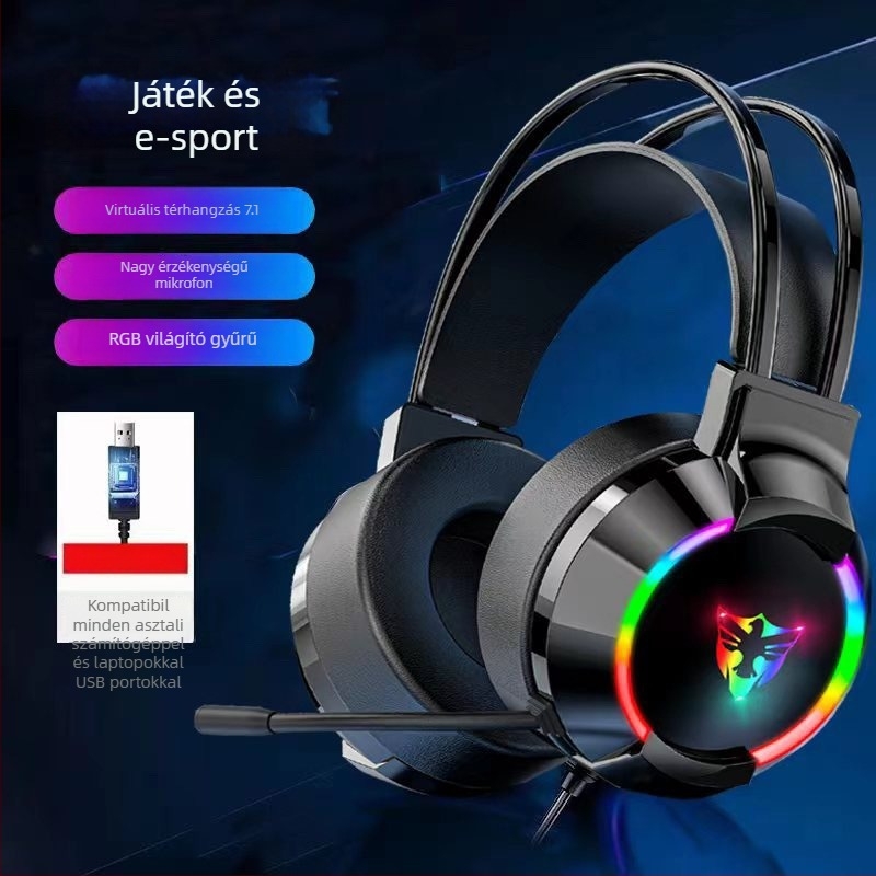 7.1–csatornás USB gaming fejhallgató Type-C kábellel, fejre helyezhető, retro stílusú, mikrofon nélkül