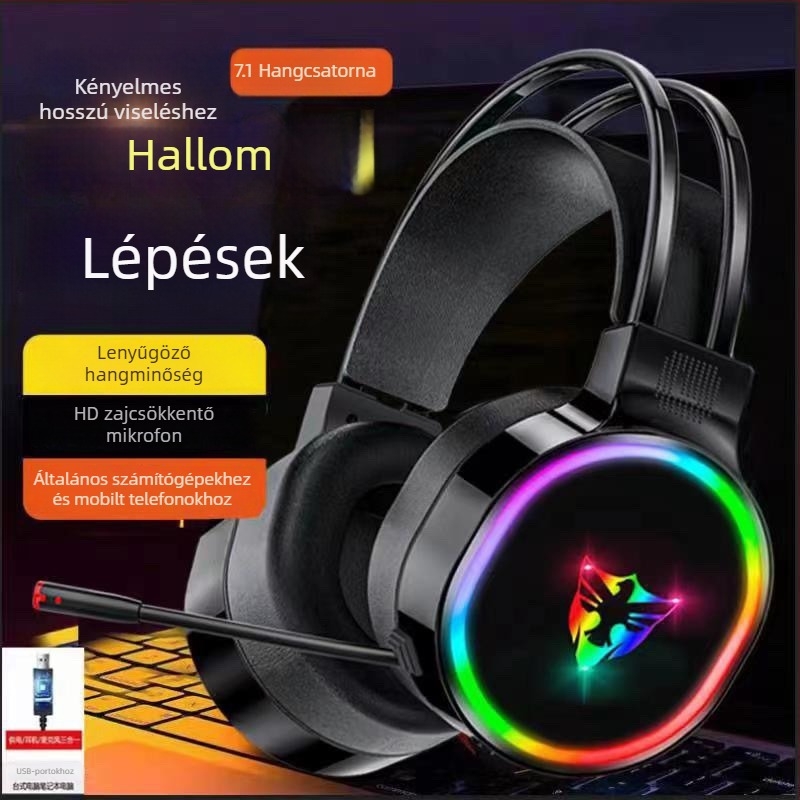 7.1–csatornás USB gaming fejhallgató Type-C kábellel, fejre helyezhető, retro stílusú, mikrofon nélkül
