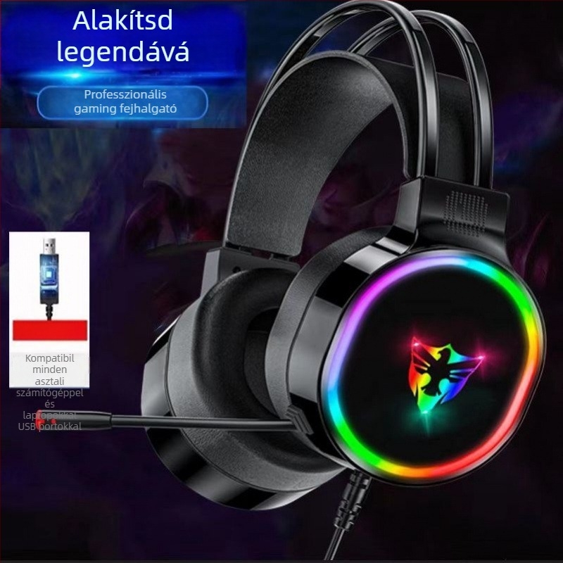 7.1–csatornás USB gaming fejhallgató Type-C kábellel, fejre helyezhető, retro stílusú, mikrofon nélkül