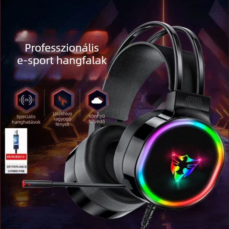 7.1–csatornás USB gaming fejhallgató Type-C kábellel, fejre helyezhető, retro stílusú, mikrofon nélkül