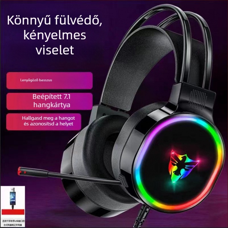 7.1–csatornás USB gaming fejhallgató Type-C kábellel, fejre helyezhető, retro stílusú, mikrofon nélkül