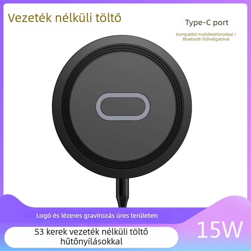 Kerek asztali vezeték nélküli töltő, 15W Qi gyors töltés, mágneses töltés, digitális kijelző, hűtőnyílások