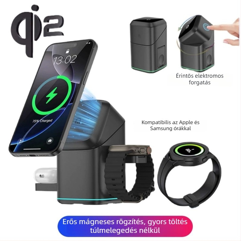 Qi2 érintéses, forgó mágneses vezeték nélküli töltő telefonhoz, 3 az 1-ben többfunkciós óratartó