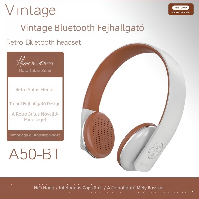 A50-BT Retro Bluetooth fejhallgató, vezeték nélküli sztereó, Bluetooth 5.0, 4–8 óra üzemidő, 10 m hatótáv