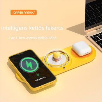 Qi 5W Vezeték nélküli töltő karikatúra dizájnnal, 2 az 1-ben, PD, Apple és Huawei telefonokhoz és fülhallgatókhoz