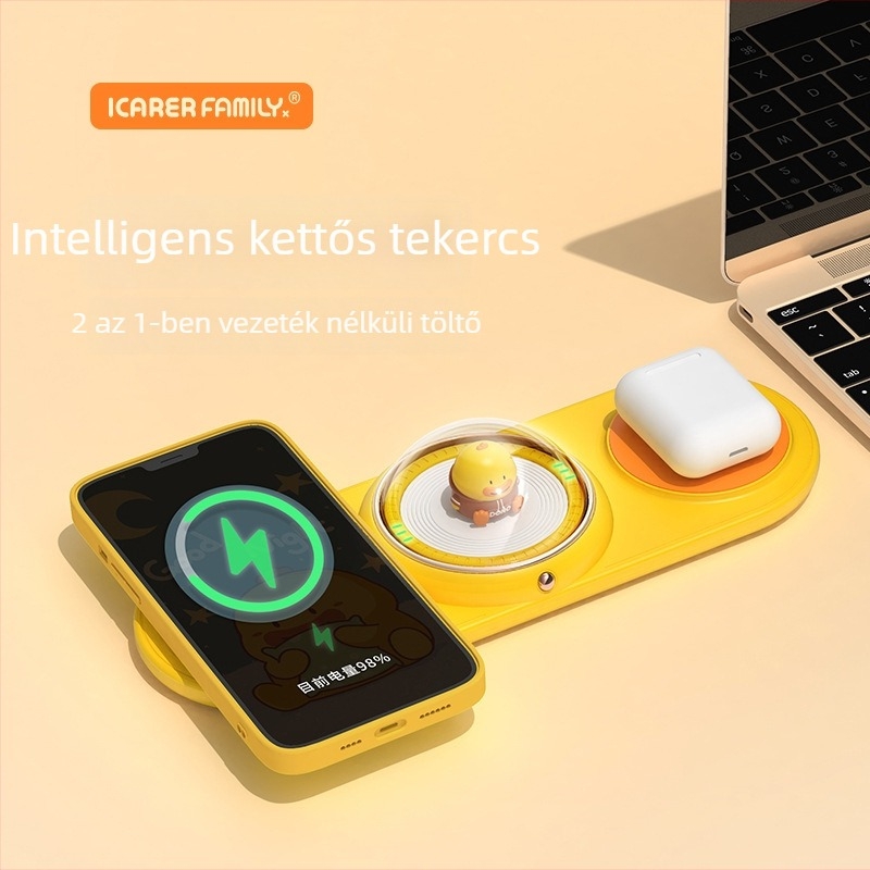 Qi 5W Vezeték nélküli töltő karikatúra dizájnnal, 2 az 1-ben, PD, Apple és Huawei telefonokhoz és fülhallgatókhoz
