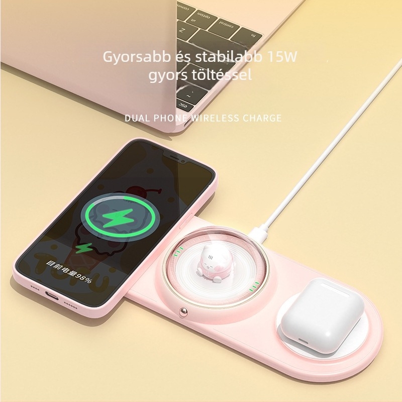 Qi 5W Vezeték nélküli töltő karikatúra dizájnnal, 2 az 1-ben, PD, Apple és Huawei telefonokhoz és fülhallgatókhoz