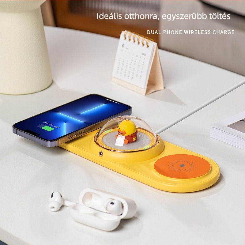 Qi 5W Vezeték nélküli töltő karikatúra dizájnnal, 2 az 1-ben, PD, Apple és Huawei telefonokhoz és fülhallgatókhoz