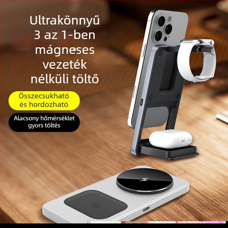 Asztali 3-in-1 vezeték nélküli töltő AirPods, iPhone és Apple Watch számára, 15W, ultranagyon vékony, összecsukható, Micro-USB interfész, FCC CE ROHS