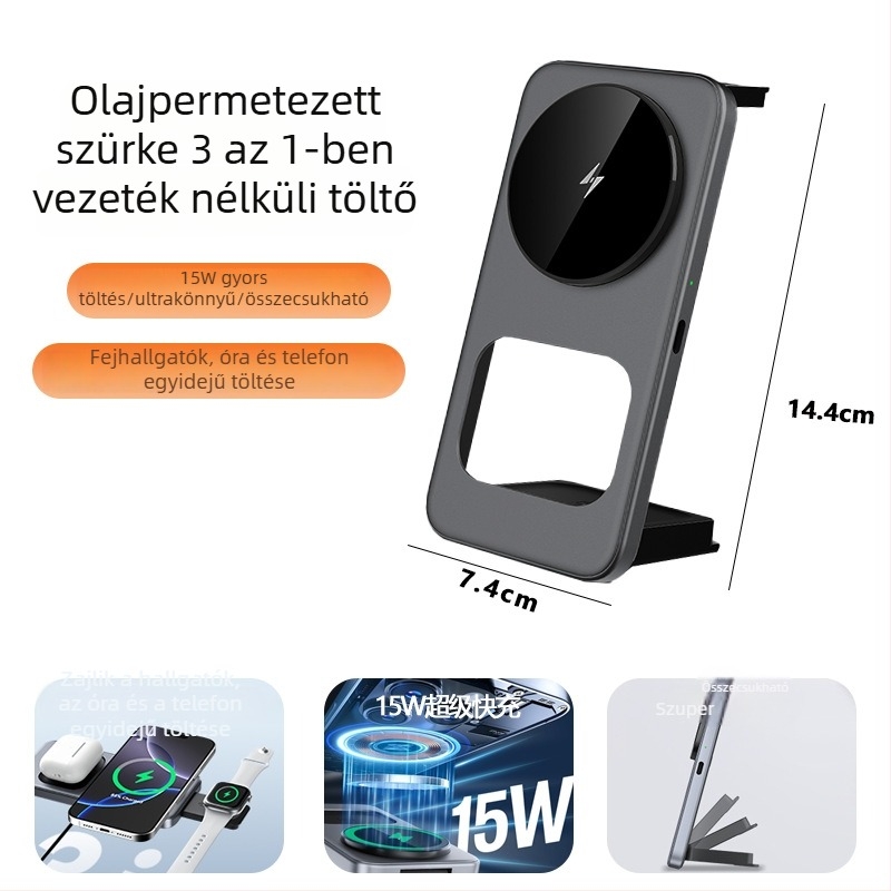 Asztali 3-in-1 vezeték nélküli töltő AirPods, iPhone és Apple Watch számára, 15W, ultranagyon vékony, összecsukható, Micro-USB interfész, FCC CE ROHS