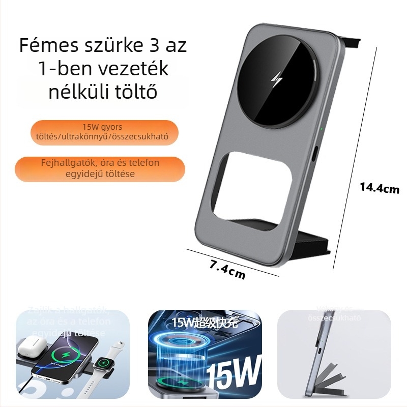 Asztali 3-in-1 vezeték nélküli töltő AirPods, iPhone és Apple Watch számára, 15W, ultranagyon vékony, összecsukható, Micro-USB interfész, FCC CE ROHS