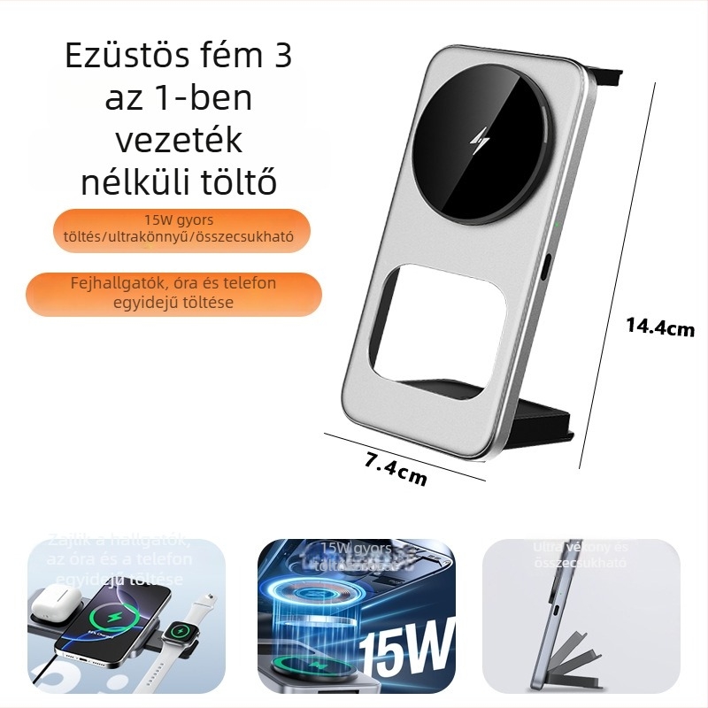 Asztali 3-in-1 vezeték nélküli töltő AirPods, iPhone és Apple Watch számára, 15W, ultranagyon vékony, összecsukható, Micro-USB interfész, FCC CE ROHS