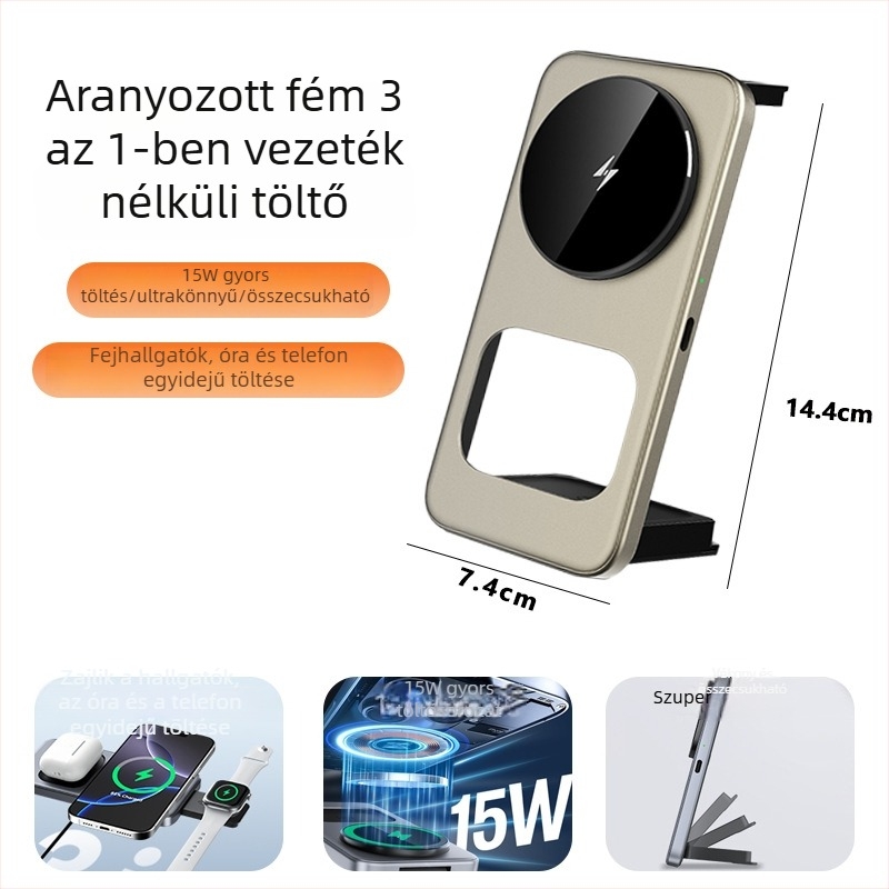 Asztali 3-in-1 vezeték nélküli töltő AirPods, iPhone és Apple Watch számára, 15W, ultranagyon vékony, összecsukható, Micro-USB interfész, FCC CE ROHS