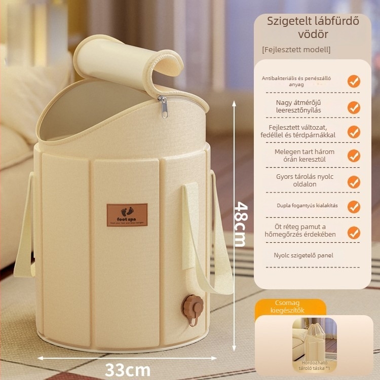 Összecsukható lábfürdőedény, magasított és szigetelt, Oxford anyagból, PVC-ből és szigetelő lemezzel, lábak áztatására