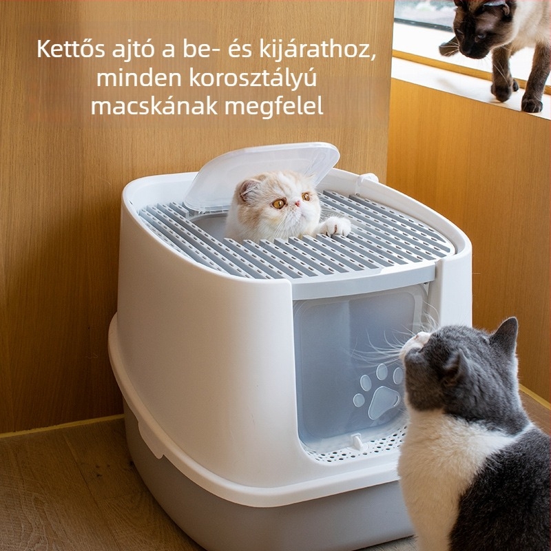 Teljesen zárt macskatál, extra nagy méret, könnyen tisztítható, szagtalanító, kivehető, tartalmaz macskaalom-kanalat