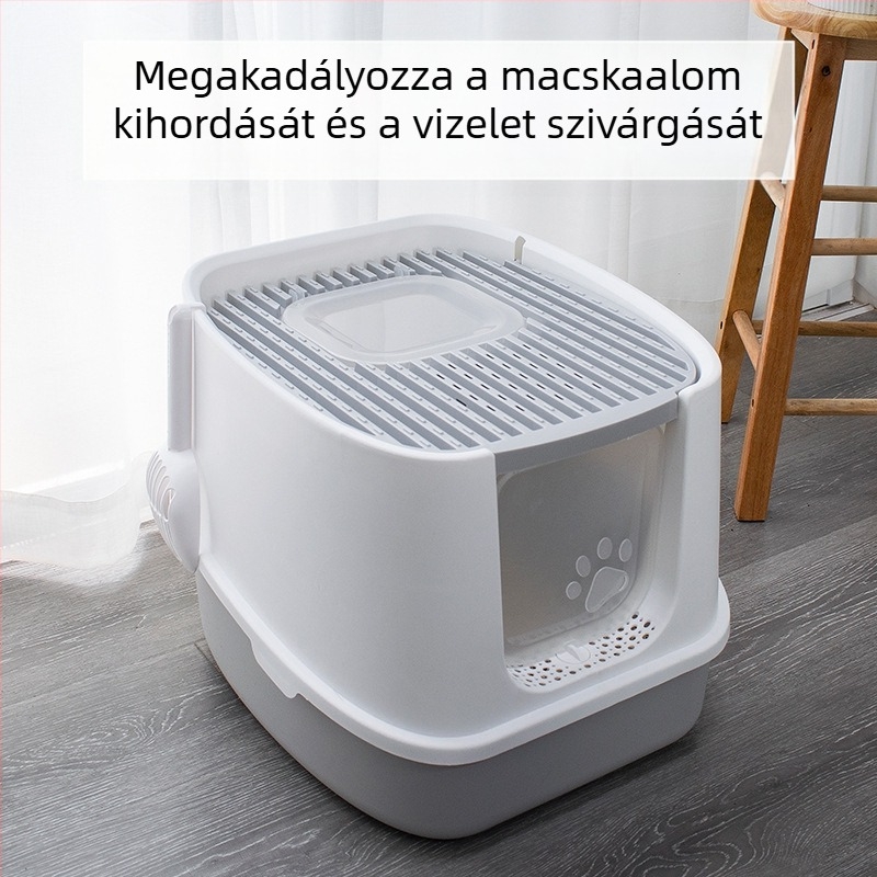 Teljesen zárt macskatál, extra nagy méret, könnyen tisztítható, szagtalanító, kivehető, tartalmaz macskaalom-kanalat