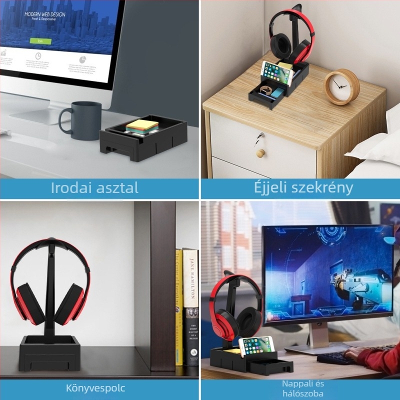 Fülhallgatók töltőállványa - Univerzális, környezetbarát műanyag, asztali tárolás, monitor és laptop felemelt polc