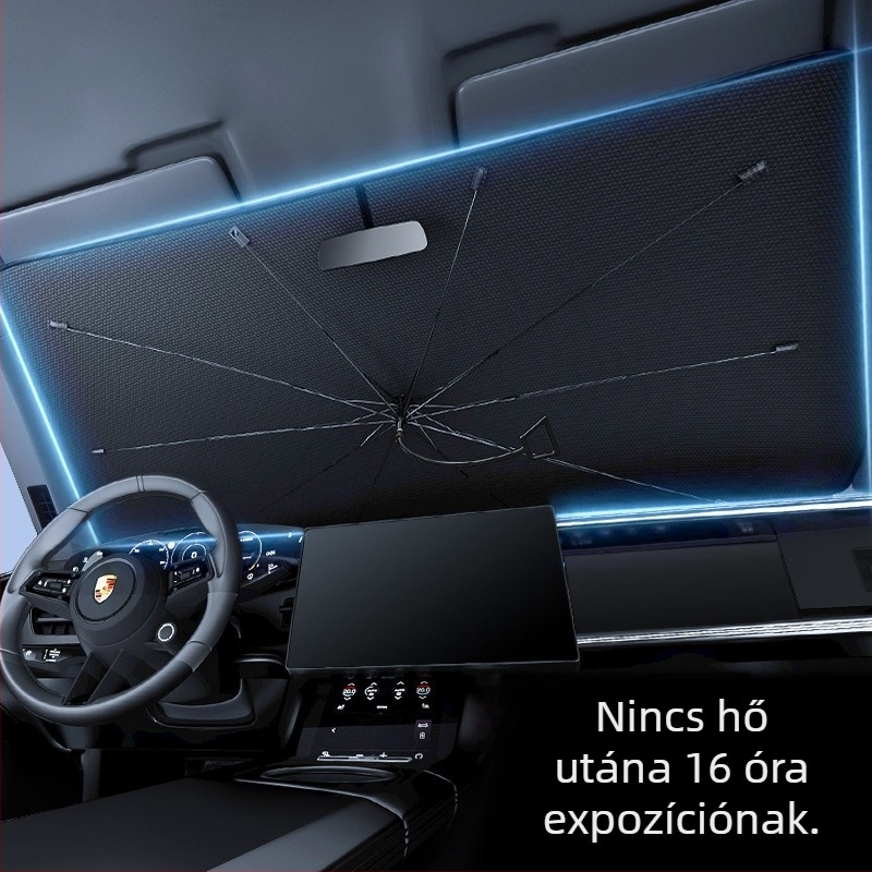 Ívelt rúdú autó belső első szélvédő árnyékoló, belső használatú, hőszigetelő és napvédő; Anyag: Titanium Silver Bumping Cloth; Telepítés módja: Card-in típus; Logó nyomtatás: Igen; Testreszabás: Igen; Alkalmazott részek: Elülső rész